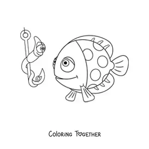 Coloring page of a cartoon fish next to a cartoon worm hanging from a hook
