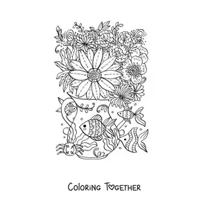 Coloring page of several fish and a crab next to a vase of flowers and a butterfly