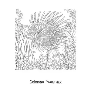 Coloring page of a lionfish at the bottom of the sea swimming among seaweed