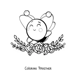 Coloring page of a big kawaii bee flying and smiling over a decoration of flowers