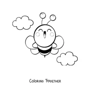 Coloring page of a big happy kawaii bee flying in the sky with clouds in the background