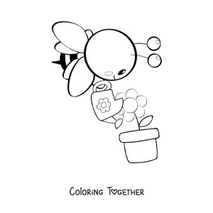 Coloring page of a kawaii bee watering a flower in a pot with a watering can