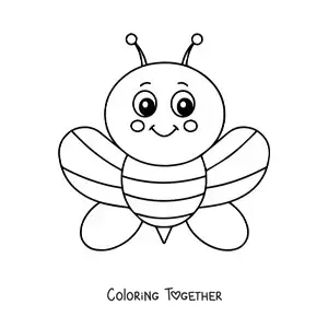 Coloring page of a big, smiling kawaii cartoon bee facing forward with its wings open
