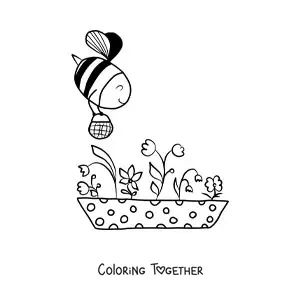 Coloring page of a kawaii bee flying over several flowers while carrying a basket