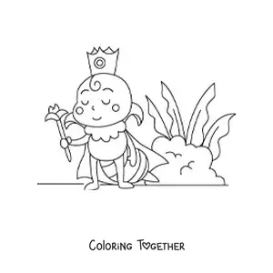 Coloring page of a cartoon queen bee wearing a crown and holding a scepter near some plants