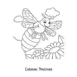 Coloring page of a big cartoon bee flying among the flowers