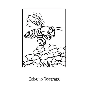 Coloring page of a realistic bee flying over flowers