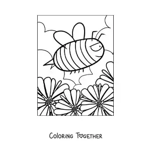 Coloring page of a cartoon of a speedy bee flying over the flowers