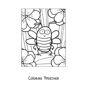 Coloring page of a cartoon of a bee standing on two legs among the flowers