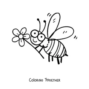 Coloring page of a happy cartoon bee flying while holding a flower