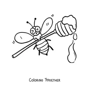 Coloring page of a cartoon bee lifting up a ladle of honey