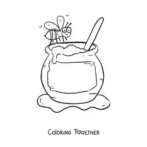 Coloring page of a cartoon bee flying near a jar of honey