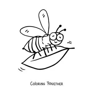 Coloring page of a cartoon bee holding a leaf