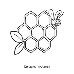 Coloring page of a cartoon bee next to the cells of a honeycomb