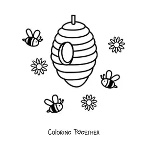 Coloring page of several cartoon bees flying toward a honeycomb with flowers floating in the air