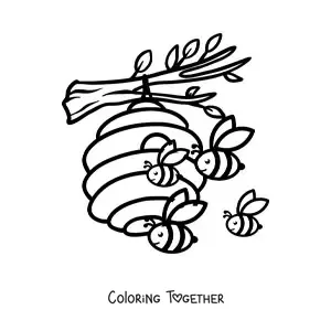Coloring page of a hive of cartoon bees near a honeycomb on a branch