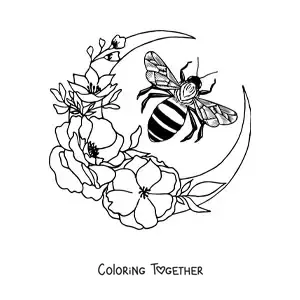 Coloring page of a bee flying near a crescent moon decorated with flowers