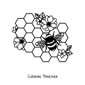 Coloring page of a bee flying over the cells of a honeycomb with flowers