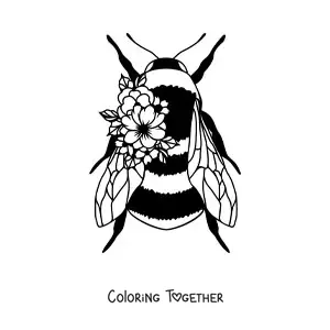 Coloring page of a big bee decorated with flowers