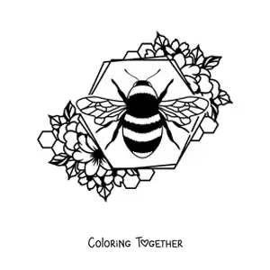 Coloring page of a small bee on a honeycomb cell decorated with flowers