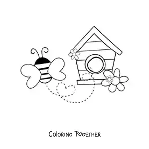 Coloring page of a bee flying away from a wooden house