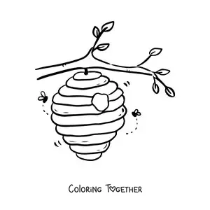 Coloring page of a beehive honeycomb hanging from a branch