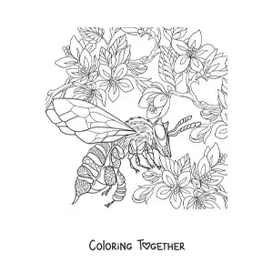 Coloring page of a realistic bee flying near the flowers