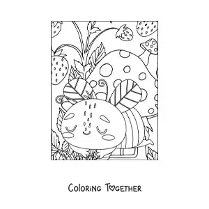 Coloring page of a cute bee sleeping among mushrooms and strawberries