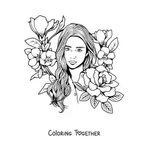 Coloring page of a realistic-style young woman surrounded by flowers