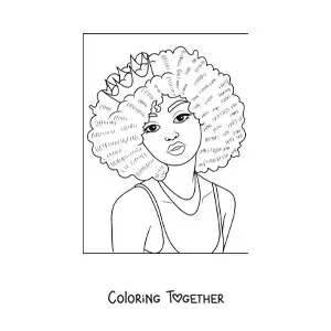 Coloring page of a young woman with an afro hairstyle