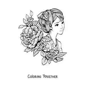 Coloring page of an Asian woman surrounded by flowers