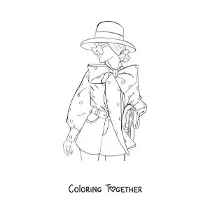 Coloring page of a woman wearing sunglasses and an elegant hat