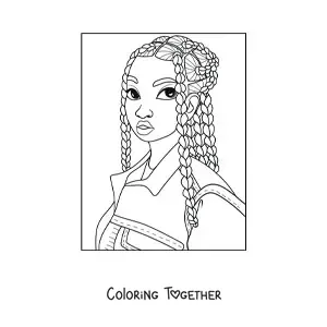 Coloring page of an African American girl with braided hair