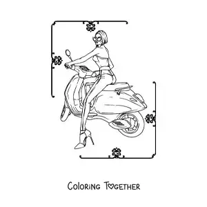 Coloring page of a woman dressed in pants riding a motorcycle