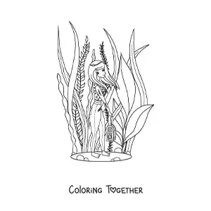 Coloring page of a modern girl with elf-like features underwater