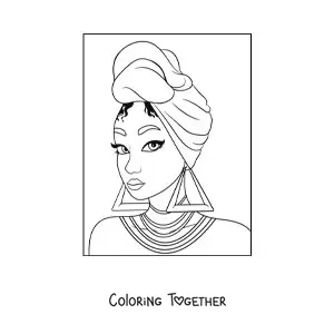 Coloring page of an afro-descendant girl with big earrings and a turban