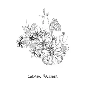 Coloring page of several butterflies resting on flowers