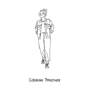 Coloring page of a girl in modern clothes drawn full body