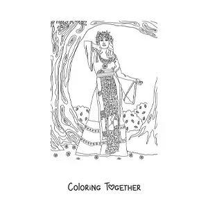 Coloring page of a vintage girl with a background of plants and vines