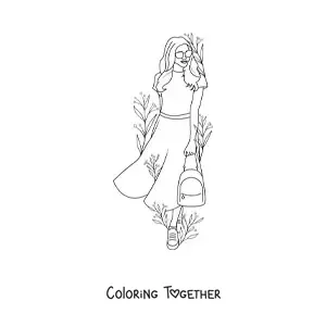Coloring page of a modern girl leaning against a wall surrounded by flowers