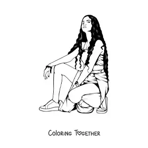 Coloring page of a modern teenage girl crouching down