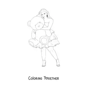 Coloring page of a girl in a short casual dress holding a teddy bear