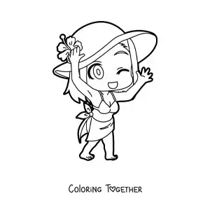 Coloring page of a kawaii girl dressed to go to the beach