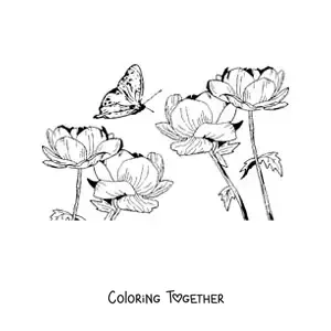Coloring page of a butterfly flying over wildflowers