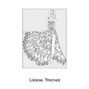 Coloring page of a woman in a long dress with a flowery design