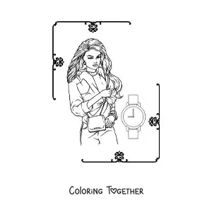 Coloring page of a woman wearing a jacket and a watch