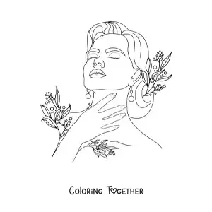 Coloring page of a realistic woman's face surrounded by flowers