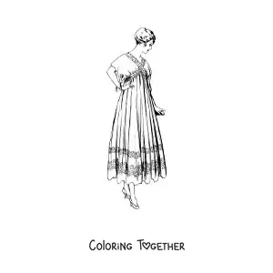 Coloring page of a woman dressed in a vintage dress