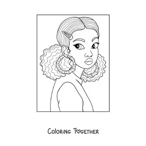 Coloring page of an African American girl with big earrings and curly hair