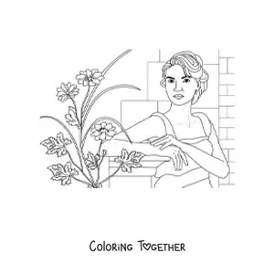 Coloring page of a realistic woman next to several planted flowers